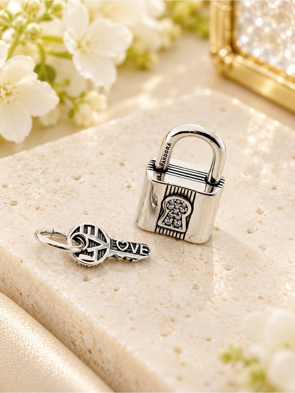 Pandora Silver Padlock and 'Love' Key Charm Set - Silver
